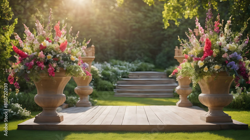 Product podium for product presentation and display with garden summer and spring flowers, floral summer background , with nature in the background