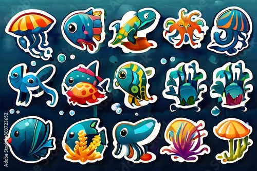 An underwater animals modern illustration set featuring bright icons stickers of cute sea animals, including ocean baby crabs, turtles, octopus, dolphins, seahorses, shells, starfish, Generative AI
