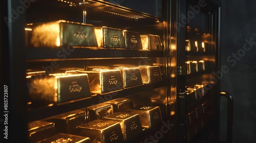 Multiple gold bars in a secure safe, dim light, side angle photo