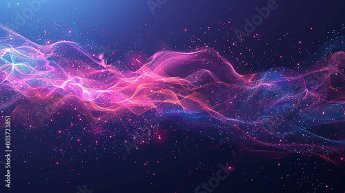 abstract Kinetic particle waves  with small  Neon wave lines  bokeh lights on abstract background for futuristic data transfer concept and colorful dots moving in wave-like patterns. 