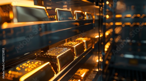 Multiple gold bars in a secure safe, dim light, side angle photo