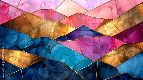 Abstract geometric background with pink, blue and gold elements.