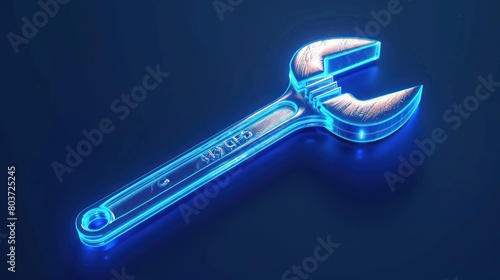 Glowing neon Adjustable wrench icon isolated on brick wall background. photo