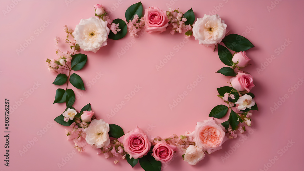 Top view of white empty circle and spring flowers pink roses on pink background with copy space