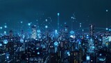 Panorama aerial view in the cityscape skyline with smart services and icons internet of things networks and augmented reality concept night scene