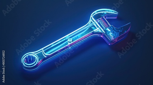 Glowing neon Adjustable wrench icon isolated on brick wall background. photo