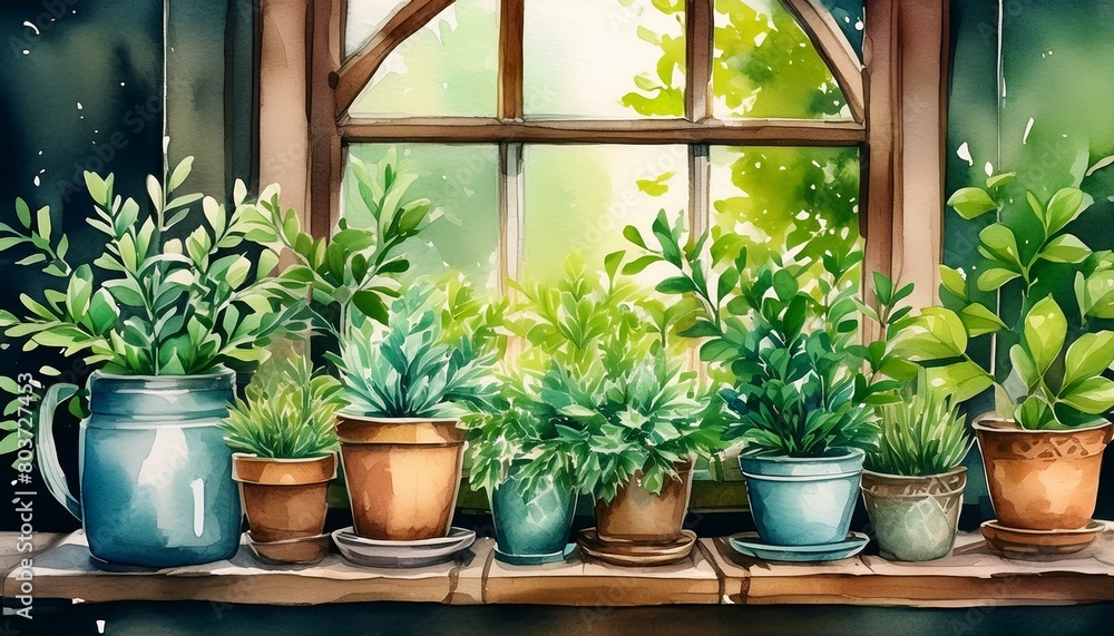 Watercolour illustration of a green hause pot plants arrangement on a wooden rustic vintage window. Greeting card or envelope artwork print Watercolour illustration of a green hause pot plants arrangement on a wooden rustic vintage window. Greeting card or envelope artwork print