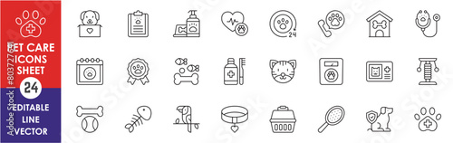 Pets and caring outline icons set. Pet food, pet shop, vaccination, paw print, and so on. Line icons set related to dogs and cats. photo