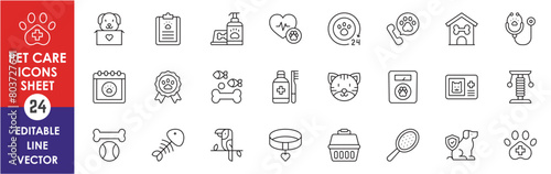 Pets and caring outline icons set. Pet food, pet shop, vaccination, paw print, and so on. Line icons set related to dogs and cats.