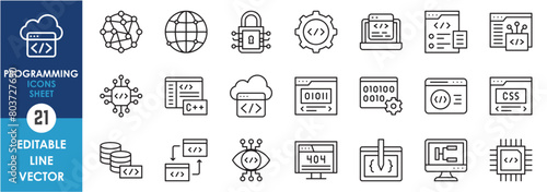 Programming outline icons set. Vector line icons related to programming, web development, coding, software, internet and so on.