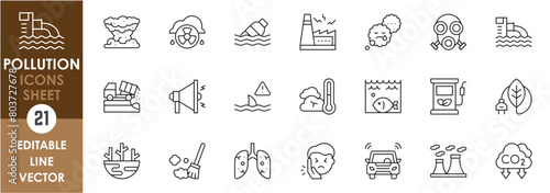 Set of outline icons related to pollution. Linear icon with industrial waste, dust, noise pollution, protection, green energy, and so on.