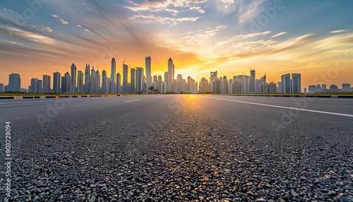  Panoramic skyline and modern commercial buildings with empty road Asphalt road and cityscape at sunrise