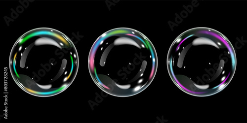3D transparent round bubbles with refraction and glare. Vector illustration with soap foam or colorful shiny rainbow balls isolated on dark background, glass liquid, liquid form with holographic effec