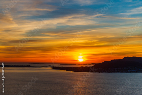 top view of Alesund during a sunset in a sunny evening, Norway