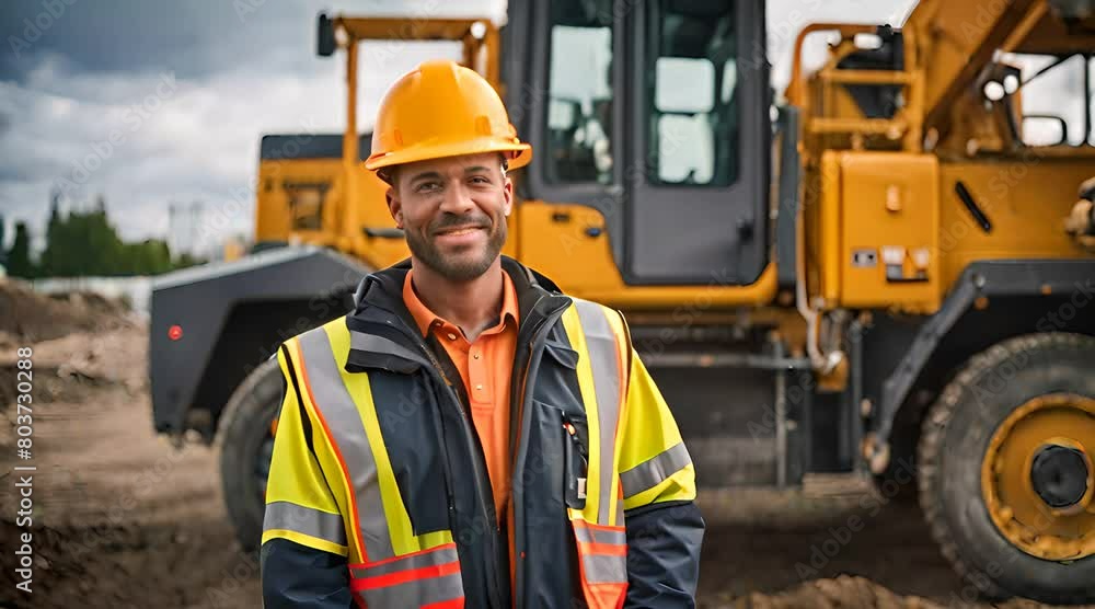 Baugeräteführer steht vor Baustellenfahrzeug und lächelt in die Kamera