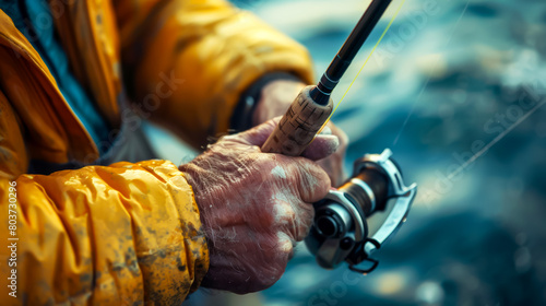 Close-Up of Fisherman’s Hands in Yellow Jacket Handling a Fishing Reel Over Choppy Waters