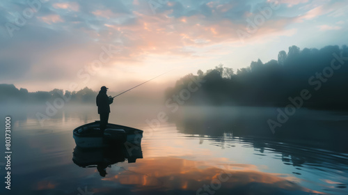 Peaceful Dawn Fishing Scene with a Lone Angler on a Misty Lake under Colorful Sunrise