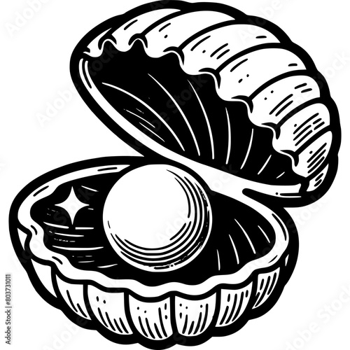 Bivalve shell with large pearl inside in monochrome. Natural pearl mining. Simple minimalistic vector in black ink drawing on transparent background