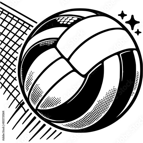 Round volleyball ball flies over net in monochrome. Beach volleyball sports competition. Simple minimalistic vector in black ink drawing on transparent background