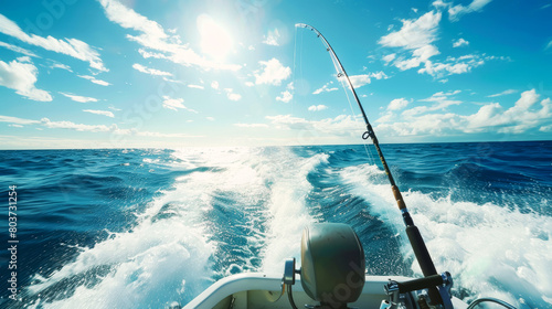 Exciting Offshore Fishing Trip with a Rod Set Against the Bright Ocean Horizon