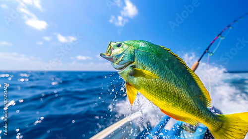 Vibrant Mahi Mahi Caught Offshore, Ocean Waves Splashing photo