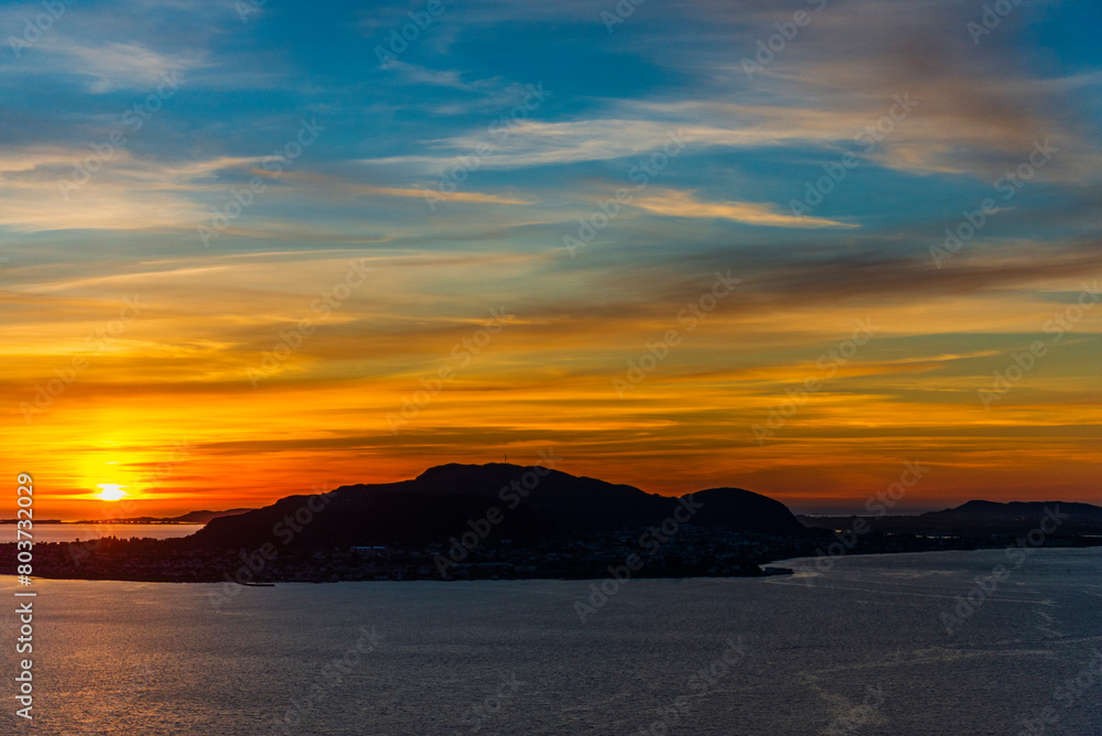 top view of a sunset over Alesund during a sunny spring evening, Norway