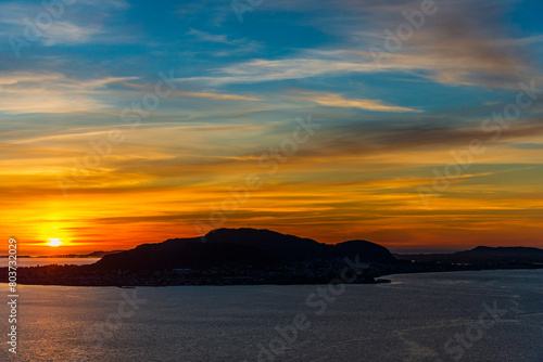 top view of a sunset over Alesund during a sunny spring evening  Norway