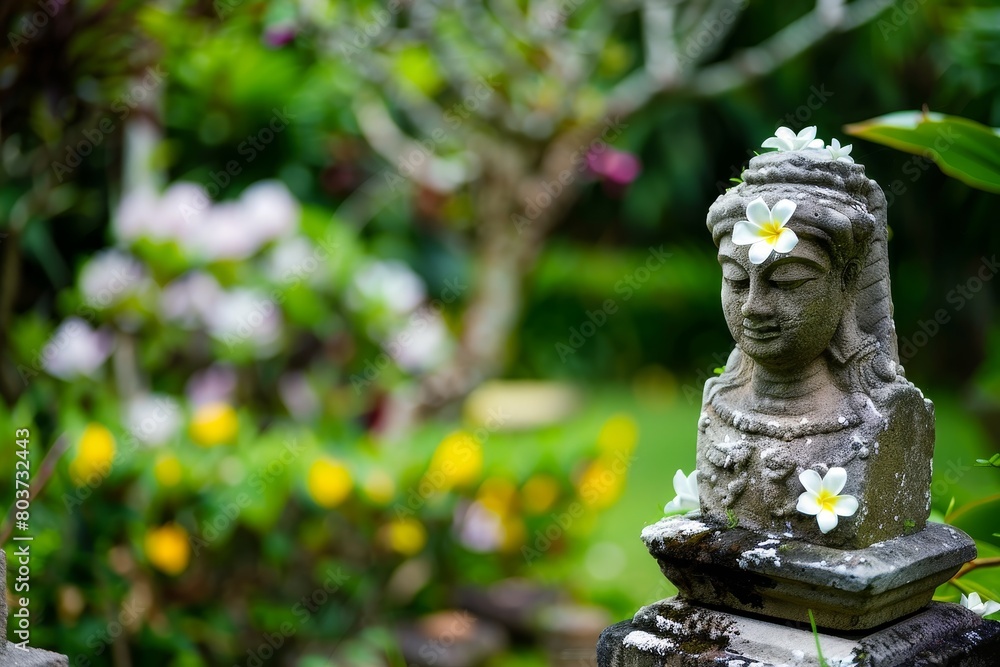 stone buddha statue in lush garden