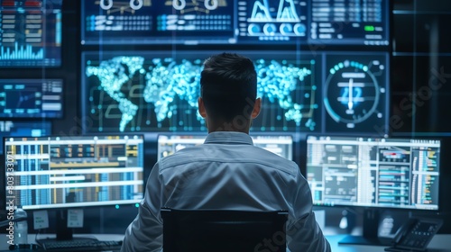 A young man sits in a dark room in front of a large bank of computer monitors