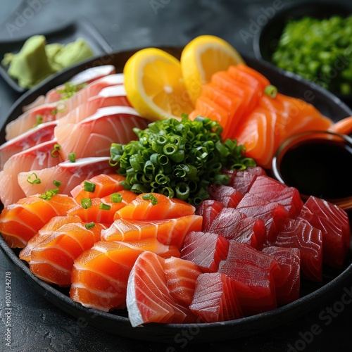 a platter of fresh sashimi, presented in the most colorful arrangement.