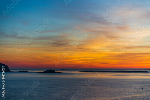 top view of a sunset over Alesund during a sunny spring evening  Norway