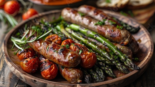 Grilled sausages with roasted vegetables
