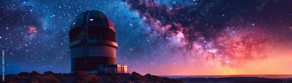 A telescope is on a hill overlooking the ocean