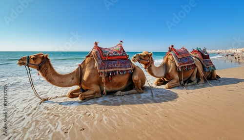 Ships of the Desert: Camels Resting on Moroccan Beach, Embracing Moroccan Traditions © Eliane