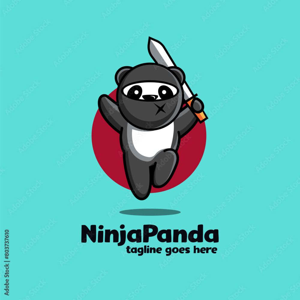 Fun playful jumping Ninja panda mascot cartoon logo icon vector illustration Fun playful jumping Ninja panda mascot cartoon logo icon vector illustration