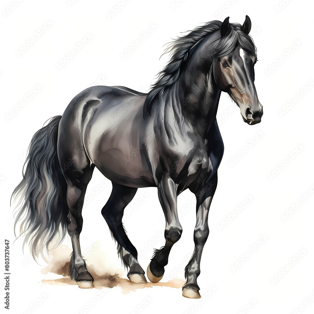 Obraz premium Black horse. Black stallion. Elegant horse clipart. Watercolor illustration. Generative AI. Detailed illustration.