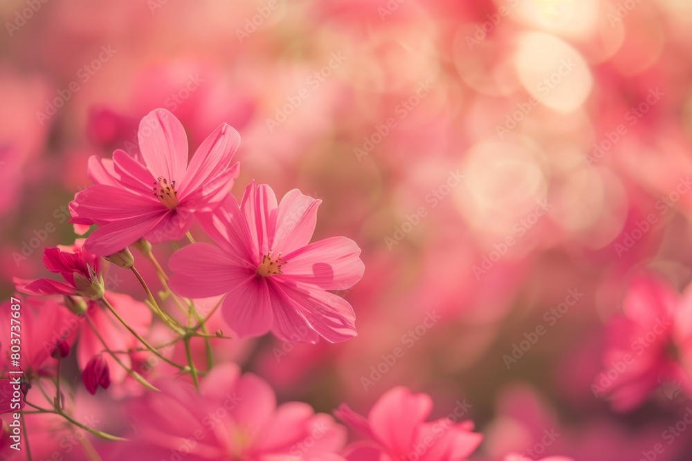Vibrant pink cosmos flowers in a dreamy garden