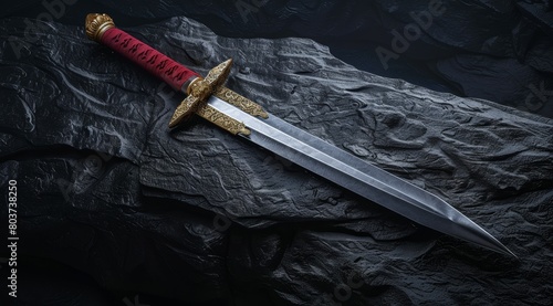 Ornate golden sword on dark fabric background photo