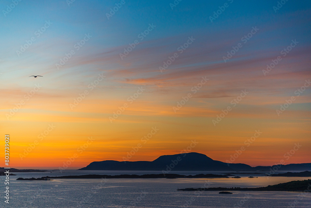 top view of a sunset over Alesund during a sunny spring evening, Norway