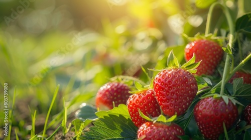 Ripe strawberries growing in a field