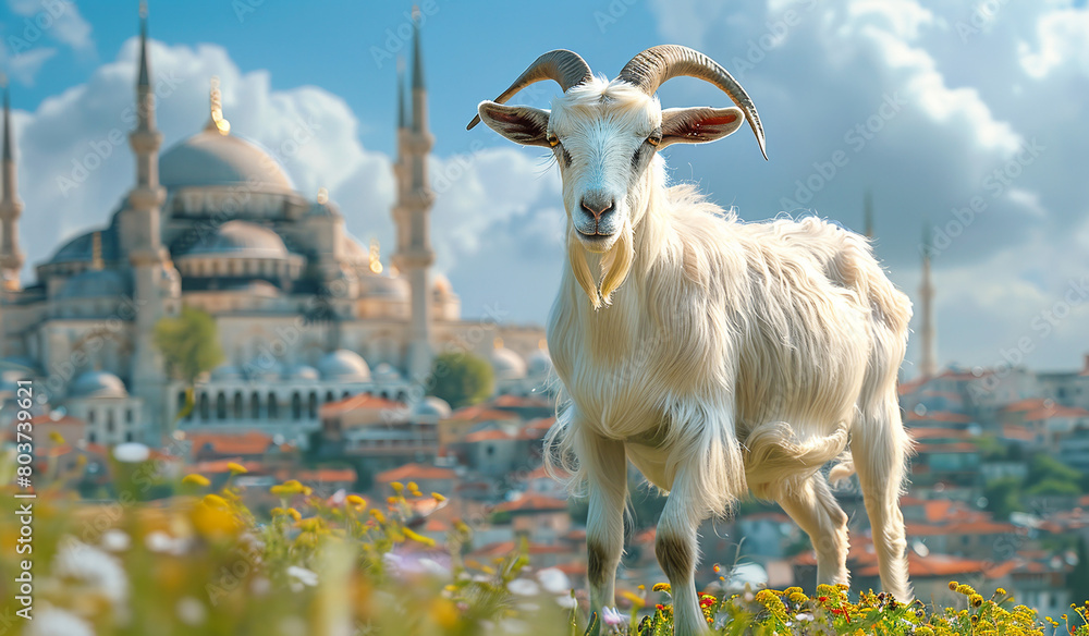 Obraz premium Goat standing on a hill with a view of a big mosque background. Eid al-adha concept Generative AI