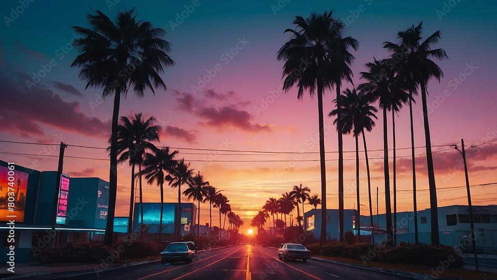 Obraz premium sunset in the city Synthwave Sunset Retro-futuristic Cityscape