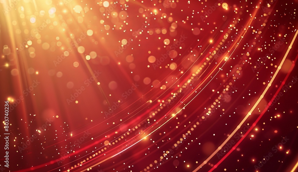 A red background with lights and lines on the left side. The top half has a circular light track with small dots on each line, in the center will be some glowing white sparkles and gold A red background with lights and lines on the left side. The top half has a circular light track with small dots on each line, in the center will be some glowing white sparkles and gold