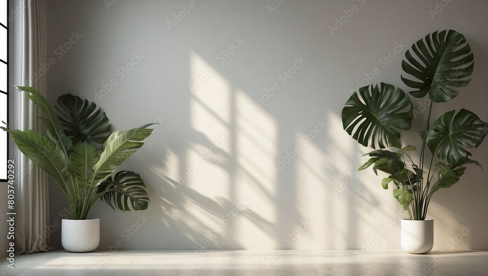 Empty white room with potted plants and light shadow from the window, front view. Modern minimalist background for product presentation or display Empty white room with potted plants and light shadow from the window, front view. Modern minimalist background for product presentation or display