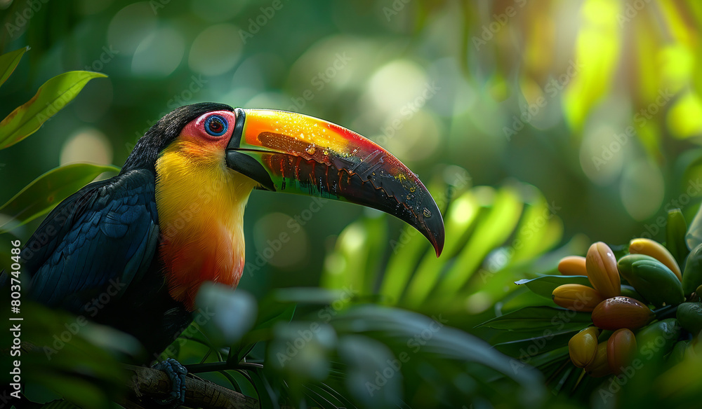 Naklejka premium Brightly colored toucan perched on branch with green leaves. Generative AI