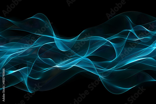 Hypnotic neon waves in shades of blue and cyan. Tranquil art on black background.