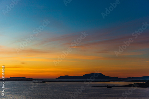 top view of a sunset over Alesund during a sunny spring evening  Norway