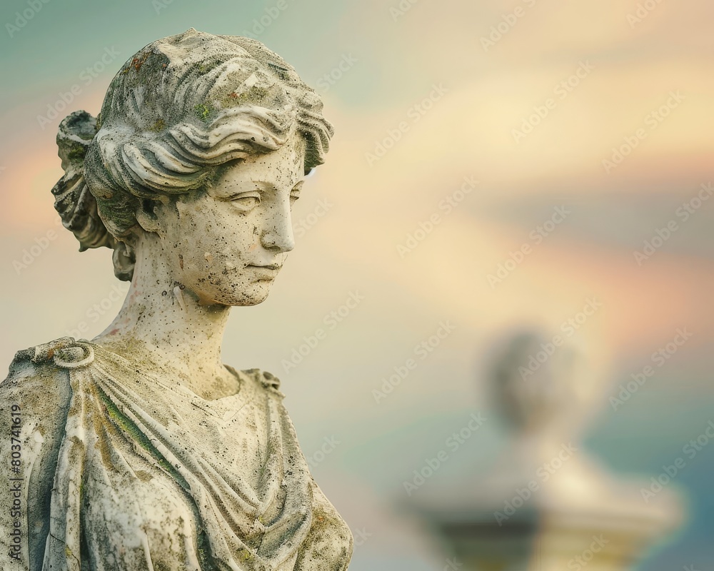Weathered stone statue of a female figure against a colorful sky Weathered stone statue of a female figure against a colorful sky