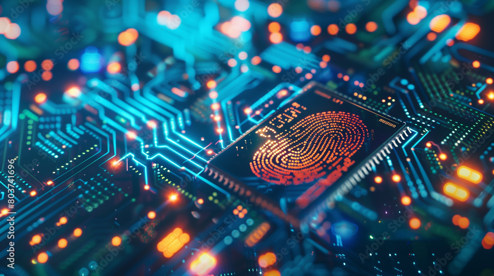 A close-up photograph capturing an integrated circuit with biometric scanning technology, showcasing the silhouette of a fingerprint on one chip. Surrounding the fingerprint are glowing data streams A close-up photograph capturing an integrated circuit with biometric scanning technology, showcasing the silhouette of a fingerprint on one chip. Surrounding the fingerprint are glowing data streams