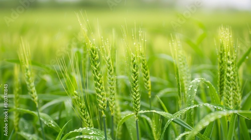 green wheat field with dew drops